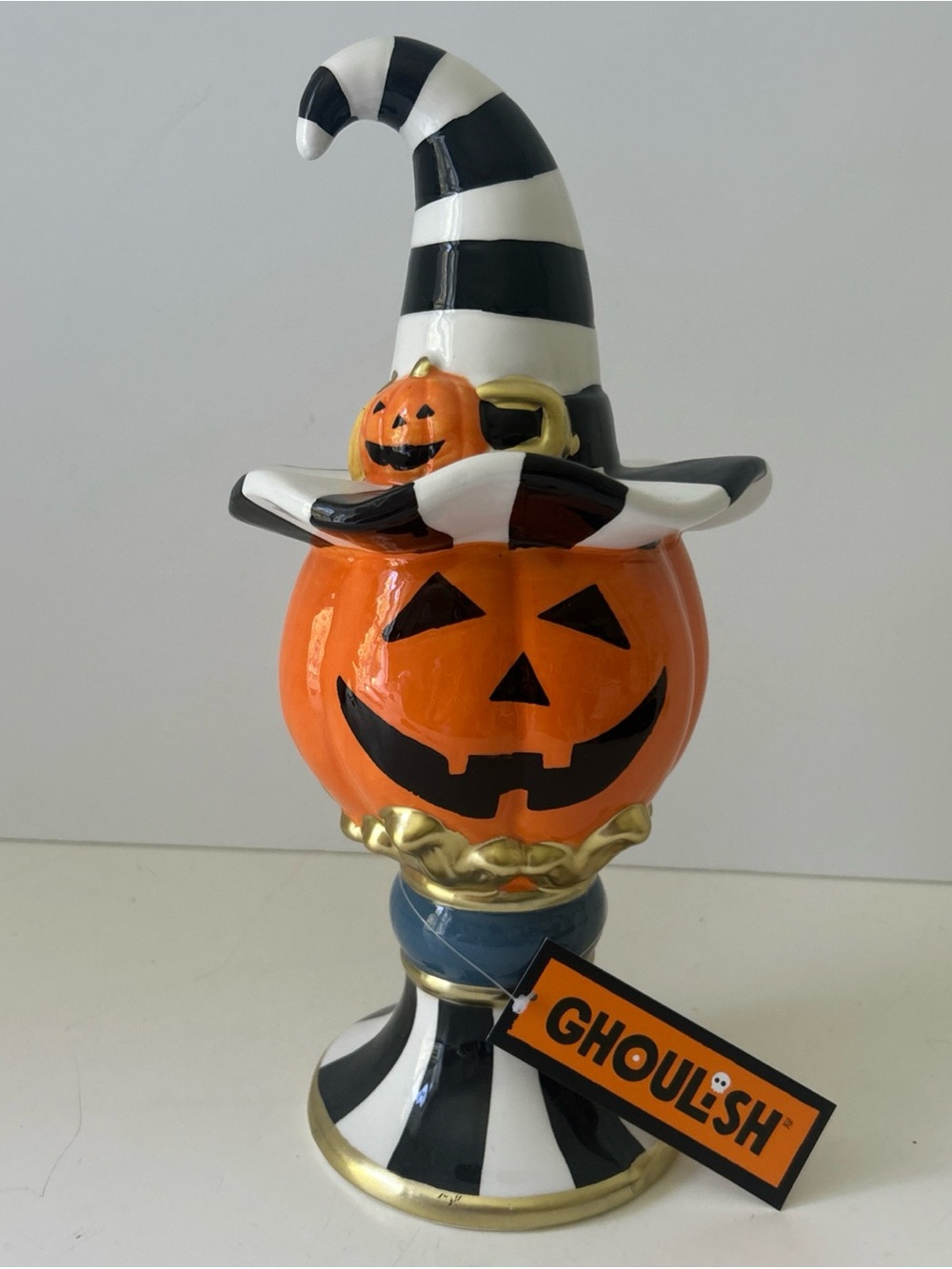 Ghoulish Ceramic Pumpkin with Striped Witch Hat Halloween Decor 13”